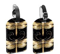 2 etichette per bagagli da viaggio e crociera, due libellule dorate su sfondo nero, identificativi per valigie in pelle PU, etichetta identificativa per la privacy, per bagagli da donna, bambini e ra