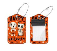 2 etichette per bagagli, in pelle, con anello in acciaio inox, motivo scheletro, gatto, cane, felice, Halloween, con copertura per la privacy, accessori da viaggio per bagagli e borse