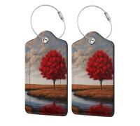 2 etichette per bagagli in pelle per valigie - Red Tree by a River, etichette identificative per valigie, etichette identificative per nome, borsa da viaggio per accessori per bagagli con anello in