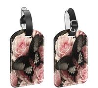 2 etichette per bagagli in pelle PU nera e rosa con farfalla e cinturino regolabile per proteggere la privacy per prevenire la perdita di bagagli