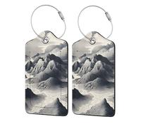 2 etichette per bagagli in pelle PU per valigie, in bianco e nero, con paesaggio di montagne e fiumi, con anello in acciaio inossidabile, etichetta identificativa per la privacy, per donne e uomini