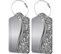 2 Etichette per Bagagli per Valigia, Etichette identificative in Pelle Glam Bling con Finto Glitter Argento con Passante in Acciaio Inossidabile per Privacy Cover per Donne Ragazze Borsa da Viaggio
