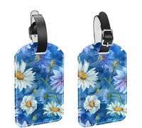 2 etichette per bagagli per valigie, etichette da viaggio in pelle PU con camomille bianche acquerellate e fiordalisi blu, etichette identificative con nome, protezione della privacy per oggetti esse