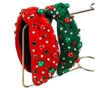 2 fasce natalizie da donna con perle annodate rosse e verdi con strass di cristallo, accessori per capelli alla moda da donna, accessori per feste e feste in costume