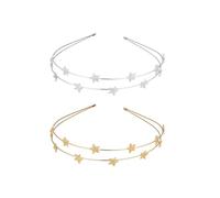 2 fasce per capelli a forma di stella, a due file, a cinque punte, a forma di stella, per donne, feste, ragazze, damigelle d'onore (oro + argento)