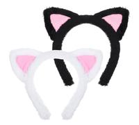 2 fasce per capelli con orecchie di gatto, colore bianco e nero, in peluche, morbide e carine, per lavare il viso, orecchie interne rosa, accessori per il trucco, accessori per maschera, cura della