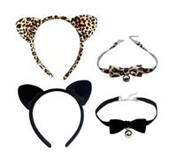 2 Fasce Per Capelli Con Orecchie Di Gatto E 2 Collari A Campana, Stampa Leopardata Nera, Grazioso Vestito Da Gatto, Oggetti Di Scena Per Giochi Di Ruolo.