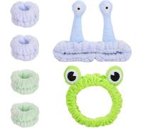 2 fasce per capelli per la cura della pelle e 4 braccialetti da spa, fascia per trucco gonfio con rana e lumaca, fascia elastica in flanella per il lavaggio del viso, doccia, sport