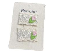 2 fermagli per capelli in tessuto, ricamati a mano, con simpatici animaletti, senza capelli e tulipani in pizzo