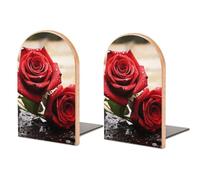 2 fermalibri in legno, resistenti, per mensole, a forma di L | Fermalibri decorativo per libri pesanti, forniture per casa e ufficio, con rose rosse, supporto per libri con base