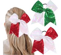 2 fiocchi per capelli natalizi con paillettes, colore verde e rosso, grandi fiocchi per capelli, per coda di cavallo, cheerleader, accessori per capelli per donne e ragazze (B)