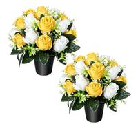 2 fiori artificiali per tombe, vasi gialli e bianchi, rose per tombe | Fiori finti del cimitero con 36 teste di seta ornamenti per cimitero in vaso all'aperto finto funerale commemorativo