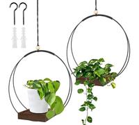 2 fioriere macramè con base in legno, altezza 93 cm, per interni con base in legno, anello in metallo e passante per appendere, vasi da appendere per pareti e soffitti, colore nero (marrone)