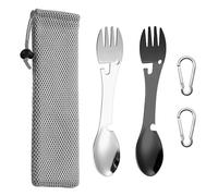 2 forchette multifunzione in acciaio inox e cucchiaio apriscatole con 2 moschettoni, 1 borsa portaoggetti, posate integrate, adatte per attività all'aperto, escursionismo (argento, nero)