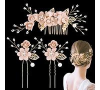 2 forcine per capelli da sposa con perle di cristallo a forma di U e 1 pettine per capelli da sposa con fiori rosa, spille per capelli floreali, accessori per acconciature per donne e ragazze