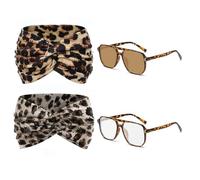 2 Foulard Con Stampa Leopardata, 2 Paia Di Occhiali Da Sole Con Stampa Leopardata, Design Ampio, Accessori Moda, Abbigliamento Quotidiano Da Donna.
