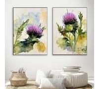 2 Immagini Set/Stampe a Parete,Dipinto Ad Acquerello Astratto Con Fiori di Cardo Opera D'Arte Originale Stampa su Tela Poster Soggiorno Cucina Arredamento la Casa Verde e Viola-40*50cm (senza telaio)