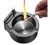 2 in 1 Accendino Posacenere in Metallo da Tavolo Ricaricabile Gas Butano Fiamma Rossa Accendisigari Antivento per la Decorazione Domestica Cucina Barbecue,Black,113 * 99 * 47mm