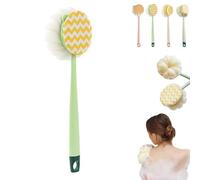 2-in-1 Bath Scrubber & Back Brush, Double-Side Body Scrubber Soft Texture, Exfoliating Shower Ball, 14-Inch Long-Handled Back Cleaning Bath Brush, for Woman/Men (Green B)