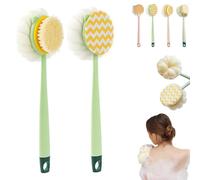 2-in-1 Bath Scrubber & Back Brush, Double-Side Body Scrubber Soft Texture, Exfoliating Shower Ball, 14-Inch Long-Handled Back Cleaning Bath Brush, for Woman/Men (Green A+Green B)