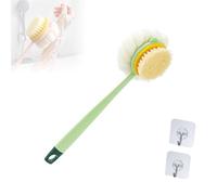 2-in-1 Bath Scrubber & Back Brush, Extra Long Handle, Shower Brush with Bath Balls and Bristles, Exfoliating Shower Ball, Double Sided Bath Brush, Soft Bristles, Wet or Dry (Green-A)