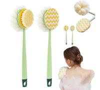 2-in-1 Bath Scrubber & Back Brush - Extra Long Handle, Soft Bristles, Exfoliating Shower Ball, Bathing Body Brush Back Bath Brush, Portable Shower, Double-Sided Deep Cleaning, Wet or Dry (Green-mix)