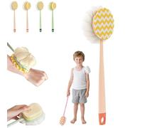 2-in-1 Bath Scrubber & Back Brush, Shower Back Brush with Long Handle, Double-Side Body Scrubber, Extra Long Handle, Soft Bristles, Exfoliating Shower Ball, Fits All Skin Types (B-Pink)
