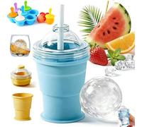 2-in-1 Collapsible Silicone Ice Ball Maker Cup, Foldable Ice Hockey Cup, Reusable Portable IceSphere Mold with Straw & Lid, Leakproof ICES Ball Coffee Cups for Camping, Office, Cocktails (Blue)