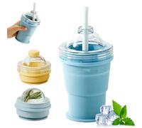 2-in-1 Collapsible Silicone Ice Ball Maker Cup, Reusable Portable Ice Sphere Mold with Leakproof Lid and Straw, Foldable Travel Tumbler for Iced Coffee, Juice, Gym, Camping and Outdoor Use (Blue)