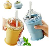 2-in-1 Collapsible Silicone Ice Ball Maker Cup, Reusable Portable Ice Sphere Mold with Leakproof Lid and Straw, Foldable Travel Tumbler for Iced Coffee, Juice, Gym, Camping and Outdoor Use (2Pcs)