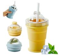 2-in-1 Collapsible Silicone Ice Ball Maker Cup, Reusable Portable Ice Sphere Mold with Leakproof Lid and Straw, Foldable Travel Tumbler for Iced Coffee, Juice, Gym, Camping and Outdoor Use (Yellow)
