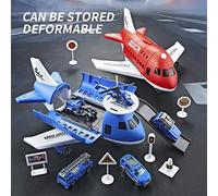 2 in 1 Giocattolo Trasformabile Aereo e Veicolo Stradale, Adatto per Bambini e Bambine - Aereo Lanciabile ad Inerzia, Regalo per Attività Genitori-Figli (Stile Casuale) Blu + 3 auto casuali + 1 aereo 