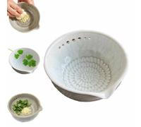 2 in 1 Handmade Garlic Grater & Herb Bowl with 5/7 Hole Sizes,Stoneware Kitchen Gadget with Drainage Port,Leaf Stripper,Built-In Grater Plate Tool For Garlic Ginger Herbs Lemon Cheese (W-7 holes)