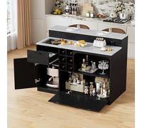 2 in 1 Isola da Cucina con Prese EU Armadio da Cucina con Piano di Lavoro Isola della Cucina Moderno Buffet da Soggiorno Tavolo da Pranzo con cassetto, armadietto, ripiano a vista e 6 Portabottiglie