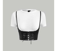 2 In 1 T-shirt A Collo Tondo Manica Corta Con Lacci In PU Bianca E Nera E Tessuti Diversi Uniti L,M,S,XL,XS,XXLBlocchi di coloreTessuto in maglia