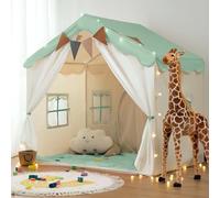 2 in 1 Tenda per Bambini besrey, Tenda Casetta da Gioco con 2 Porte e 4 Finestre, Tenda da Gioco per Bambini Interni ed Esterni con Tappetino Imbottito, bandierine (Verde)