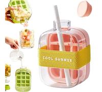 2 in 1 Touch-Free Ice Cube Tray Water Bottle with Lid and Bin, Water Bottle Ice Cube Tray, Easy Ice Release for Freezer, Perfect, for Coffee, Juice, and Beverages (Pink,500ml)