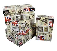 2.J. Londra,Set di 3 scatole di Cartone Stampato Decor UK, Inghilterra, Londra con Angoli in Metallo e Maniglie. Dimensioni: L 42x30x16 cm - M 40x20,5x15 cm - S 38x26,5x14 cm