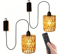 2 lampade a sospensione in rattan con telecomando, per interni ed esterni, stile boho, a batteria, senza connettore di alimentazione, portatile, paralume a sospensione