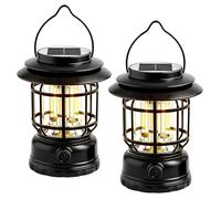 2 lampade da campeggio a LED a energia solare, dimmerabili, ricaricabili, USB, retrò, LED, da campeggio, con batteria, portatile, IPX4, per emergenza, tenda, escursionismo, giardino (nero)