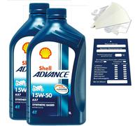 2 Litro Originale Shell Advance 4T Ax 7 15W50 Olio Motore Moto 600074503 Set