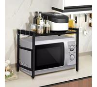 2 livelli, supporto per forno a microonde estensibile e regolabile in altezza, scaffale portaoggetti da cucina, forno a microonde in acciaio al carbonio, con 4 ganci (nero-2 strati, 40-64 x 36,5 x 45