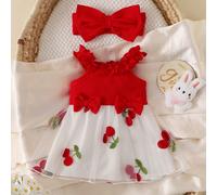 2 Neonati Femmine, Romanticismo Estivo, Dolcezza e Tenerezza. Abito in maglia bianca a righe, con bordo arricciato, bretelle, ricamo floreale, decorazione in vita, vestito in pizzo e rete, fascia per 