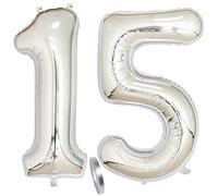 2 Numero di Palloncini 15, Numeri 15 Anni Compleanno Decorazioni Argento Bimbo Bambina Ragazza Ragazzo Uomo, 40" Gigante Foil Elio Palloncino Gonfiabile Balloons Happy Birthday Festa (XXXL 100cm)
