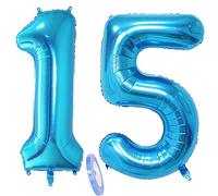 2 Numero di Palloncini 15, Numeri 15 Anni Compleanno Decorazioni Blu Bimbo Bambina Ragazza Ragazzo Uomo, Blue 40" Gigante Foil Elio Palloncino Gonfiabile Balloons Happy Birthday Festa (XXXL 100cm)