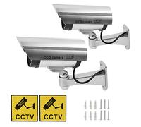 2 Pacchetti di telecamere finte d'Argento, Telecamera di Sicurezza Finta Impermeabile a Forma di Proiettile con LED Rosso Lampeggiante + segnali CCTV + Viti