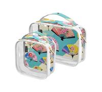 2 Pack Cinese Inchiostro Pittura Fiore Fan Colorato chiaro decorativo grandi borse da toilette per le donne TSA approvato trasparente trucco borsa da viaggio Kit da barba da uomo maquillaje,