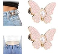 2-Pack Detachable Butterfly Clips,Adjustable Pant Waist Tightener,Reusable Butterfly Waist Cinching Button Pins,No-Sew Instant Waist Buckles for Loose Jeans Jackets Coats Shirts Overalls (Pink)