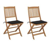 2 Pack Folding Garden Chairs Acacia Wood with Cushions, Outdoor Patio Furniture for Relaxing, Foldable Comfortable Seating for Balcony Terrace, Includes 2 Black Polyester Cushions, Supports 110kg