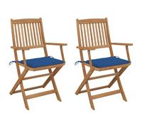 2 Pack Folding Garden Chairs with Cushions, Solid Acacia Wood Patio Chairs for Outdoor Relaxation, Foldable Lounge Chairs for Balcony, Poolside, Beach, Supports 110kg, Blue Royal Cushions Included